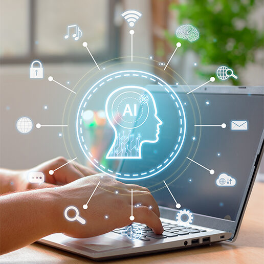 Vertical Image on Using of a laptop to interact with an artificial intelligence. Innovative automation technology.